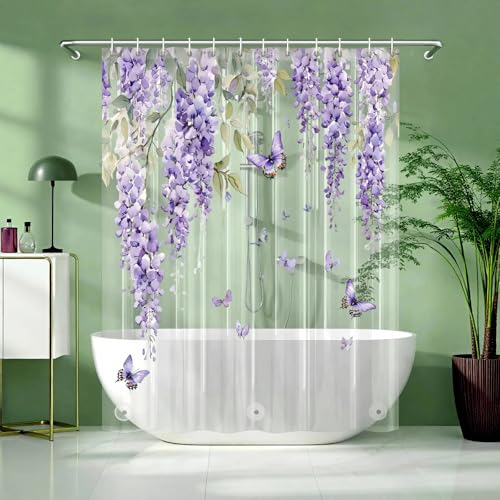 Clear Purple Floral Lavender Butterfly Shower Curtain, Plastic Transparent Cute Pretty Flower Decorative Aesthetic Shower Curtains for Bathroom, 72x78 Weighted Magnetic Shower Curtain Liner with Hooks - color: Clear Purple Lavender, size: 72"W x 78"L (Pac