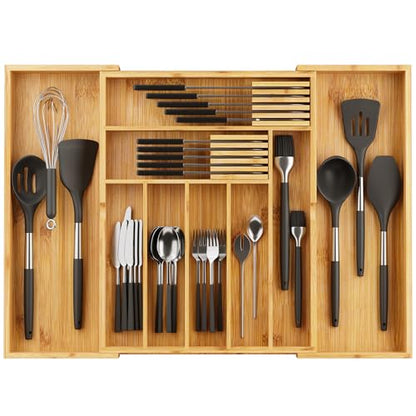 BAMEOS Bamboo Drawer Organizer Expandable Kitchen Silverware Organizer with 7-9 Deep Compartments, Bamboo Reinforced Cutlery Tray, Adjustable Utensil Holder for Kitchen(16.1"-22.4" Wide, Natural) - size: 2''H 22X16 with Knife Block
