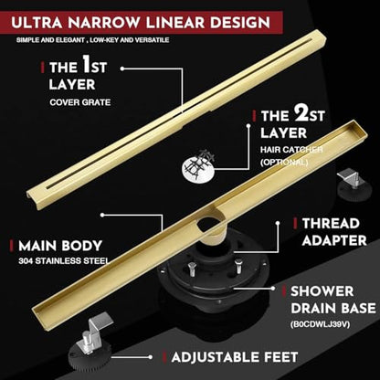36 Inch Linear Shower Drain, Brushed Gold Shower Drain, Removable Grate, 304 Stainless Steel, Easy to Install and Clean for Bathrooms (Drain Base Not Included) - color: Brushed Gold, size: 36 Inch