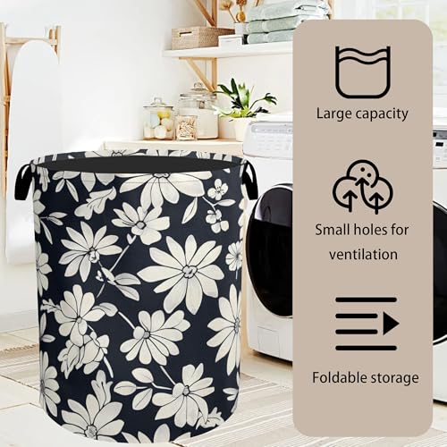 Black White Daisy Laundry Basket - Heavy Duty 60L Dirty Clothes Organizer, Water Resistant Foldable Hamper for Men Women - color: Black White Daisy