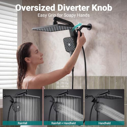 12" XXL Rainfall Shower Head with Handheld Combo Set, Matte Black | High Pressure, Magnetic Docking, Air-Infusion Tech, Anti-Leak One-Piece Design, Dual Square Showerhead - color: Matte Black