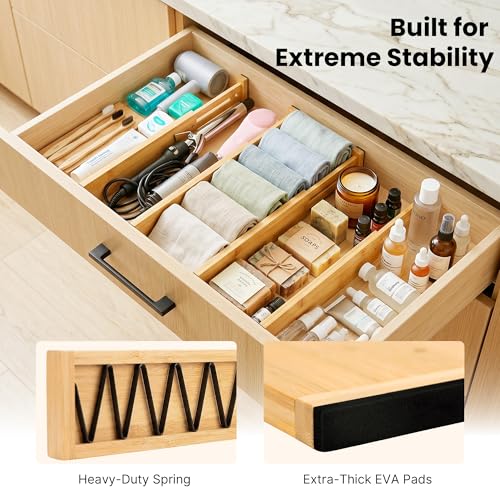 4 Pack 2.36" Bamboo Drawer Dividers, 17-22" Expandable Kitchen Organizers | Adjustable Spring-Loaded Tension Separators with Foam Pad for Clothes, Utensils, Kitchen, Dresser, Nursery & Bathroom - size: 2.36"H, 17-22"L Adjustable