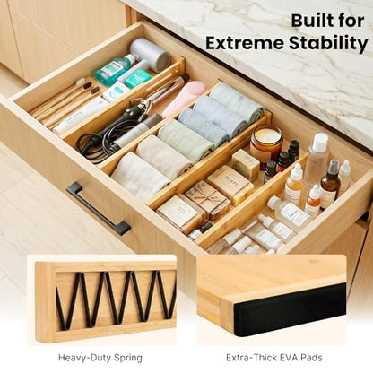 4 Pack 2.36" Bamboo Drawer Dividers, 17-22" Expandable Kitchen Organizers | Adjustable Spring-Loaded Tension Separators with Foam Pad for Clothes, Utensils, Kitchen, Dresser, Nursery & Bathroom - size: 2.36"H, 17-22"L Adjustable