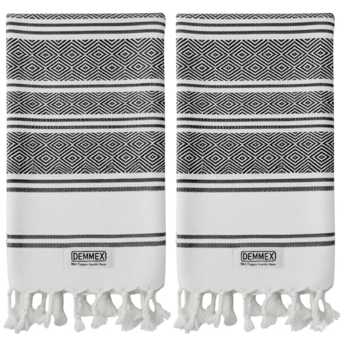 DEMMEX Organic Turkish Hand Towels for Bathroom – 100% Oeko-TEX Certified Turkish Cotton, Quick Dry, Lightweight Kitchen & Travel Towels, Diamond Weave, Large 18x36 Inches, Set of 2, Black - color: Black