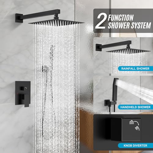 10" Square Rain Shower Faucet Set, Wall Mount, Matte Black | 304 SS , air tech boosts pressure 50%, dual spray, anti-fingerprint - color: Matte Black, style: 10''-Wall Mount
