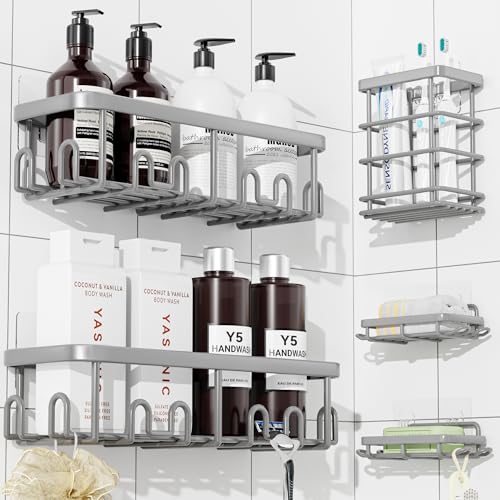 YASONIC Shower Caddy Adhesive, 100% Rustproof Shower Organizer with Soap and Toothbrush Holder, Large Capacity Shower Shelves for Inside Shower, No Drill Shower Storage for Home (5 Pack Grey) - color: Grey