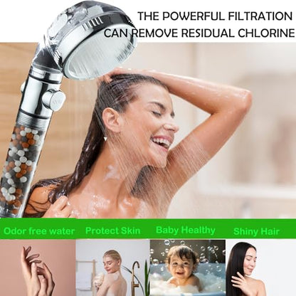 Filtered Shower Head with Purifying Beads – 3 Function High Pressure Handheld Shower for Hard Water – Removes Chlorine & Impurities, Softens Skin/Hair – On/Off Switch, Adjustable Bracket & Hose