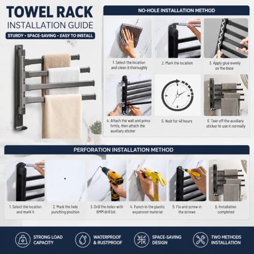 2-5 Arms Swivel Towel Rack Bath Towel Holder with Hook Swing Arm Towel Rack Wall Mount for Bathroom Kitchen-Grey 4Arm - color: Grey, size: 4-arm