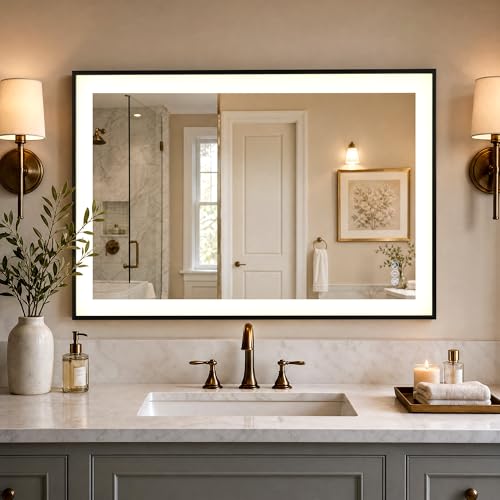 VooBang 24"x36" Black Frame 3-Color LED Bathroom Mirror Dimmable Brightness | Memory Function Anti-Fog Smart Bathroom Mirror with Lights, Wall Mounted Horizontally Vertically for Living Room, Entryway - size: 36"L x 24"W
