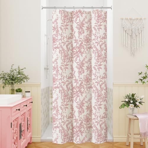 Pink Boho Linen Shower Curtain, Farmhouse Floral for Bathroom | Botanical floral print. Rustic farmhouse boho decor. Durable linen blend fabric. Machine washable for easy care. 36x72 - color: Pink, size: 36"W x 72"L (Pack of 1)