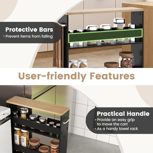 COSTWAY Slim Rolling Storage Cart, 4-Tier Rolling Utility Cart, Wood Kitchen Storage Cart with Handle & Wheels, Narrow Rolling Shelving Unit for Kitchen Bathroom Laundry Small Places (Dark) - color: Dark