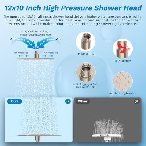 Hibbent High Pressue All Metal 12" Rainfall Shower Head, Handheld 10-Spray | cUPC Certified Brushed Nickel Dual Showerhead Combo, 4-way Diverter with Pause Mode, Brass Extension Arm, 71'' Hose & Holder - color: Brushed Nickel, style: Square 12"