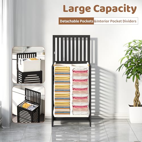 Laundry Hamper with Lid (16.9 * 13 * 26.5inches) Large Bamboo Laundry Bin Basket 85L Clothes Hamper with 1 Removable Bag Storage baskets for Bathroom(Black) - color: Black