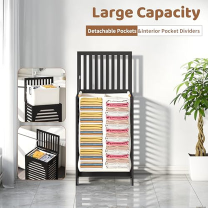 Laundry Hamper with Lid (16.9 * 13 * 26.5inches) Large Bamboo Laundry Bin Basket 85L Clothes Hamper with 1 Removable Bag Storage baskets for Bathroom(Black) - color: Black