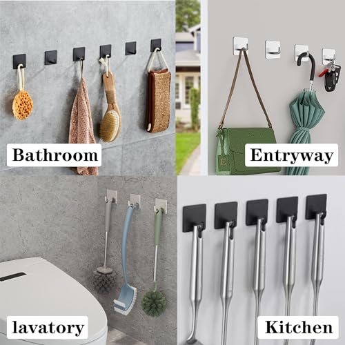 Bath Towel Hooks - 6 Pack Strong Self Adhesive Coat/Clothes Hooks, No Drilling Sticky Hooks, Heavy Duty 304 Stainless Steel Shower Wall Hook for Bathroom Kitchen Bedroom(Matte Black) - color: Matte Black-6