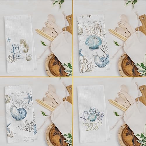 Bluey Coastal Dish Towels Set - Seashell Waffle Weave Kitchen Towels, Ocean Themed Hand Tea Towels, Preppy Seashell Coastal Bathroom Decor (16x24 Inches Set of 4) - color: Nautical J