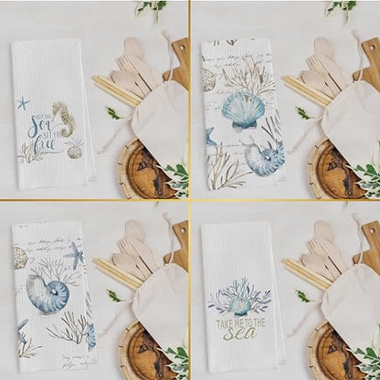 Bluey Coastal Dish Towels Set - Seashell Waffle Weave Kitchen Towels, Ocean Themed Hand Tea Towels, Preppy Seashell Coastal Bathroom Decor (16x24 Inches Set of 4) - color: Nautical J