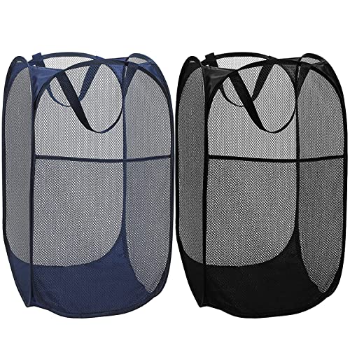 BATTOO Deluxe Strong Mesh Pop up Laundry Hamper Basket with Side Pocket Foldable Hamper for Laundry Room, Bathroom, Kids Room, College Dorm or Travel Navy + Black - color: Navy + Black, size: 2 pack