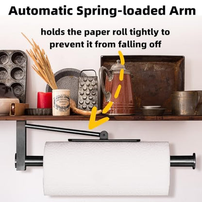 Under Cabinet Paper Towel Holder, One-Hand Tear Paper Towel Holder, Black | Stainless Steel Wall Mount Self Adhesive Paper Towel Rack with Tension Arm, Fits for First Apartment Essentials, Kitchen, RV - color: Black