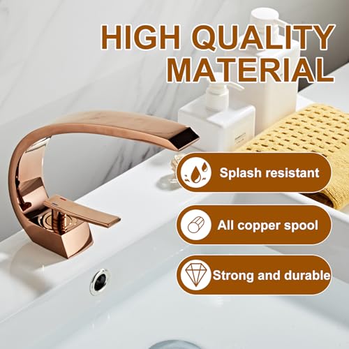 Rose Gold Bathroom Sink Faucet, Unique Design and Pop Up Drain - color: Rose Gold