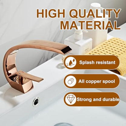 Rose Gold Bathroom Sink Faucet, Unique Design and Pop Up Drain - color: Rose Gold