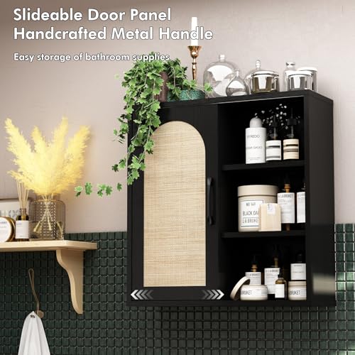 RUSTOWN Boho Rattan Bathroom Wall Cabinet with Sliding Door, Black | Farmhouse Bathroom Cabinet, Adjustable Shelves, Over The Toilet Storage Cabinet, 3-Tier Wall Mounted Cabinets - color: Black