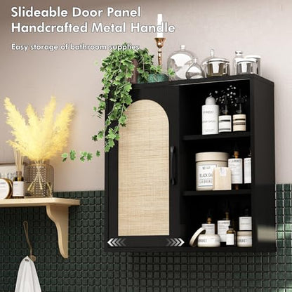 RUSTOWN Boho Rattan Bathroom Wall Cabinet with Sliding Door, Black | Farmhouse Bathroom Cabinet, Adjustable Shelves, Over The Toilet Storage Cabinet, 3-Tier Wall Mounted Cabinets - color: Black