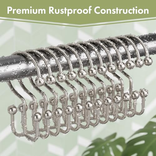 Nickel Shower Curtain Hooks, 12PCS Minimalist Simple Double Shower Curtain Rings, Rust-Resistant Metal Shower Hooks Shower Curtain Hangers, Shower Rings for Bathroom Shower Rods Curtains - color: Nickel, style: Minimalist - Double Hooks