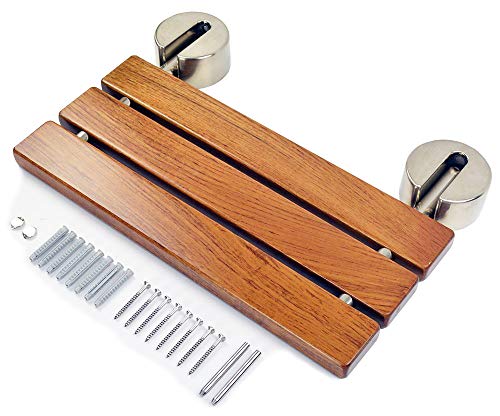 DIYHD 20" Burmese Teak Wood Wall Mounted Folding Shower Bench, Brushed | Premium Solid Teak Wood with Stainless Steel Bars, 330 lbs Capacity, 14” W x 20” D, Fits 16” Stud Spacing - size: 20"
