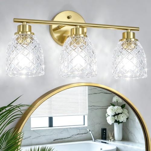 3-Light Bathroom Light Fixtures, Brushed Gold Vanity Lights Over Mirror | Modern Farmhouse Wall Sconces with Hammered Glass Lampshade for Kitchen Hallway Bedroom Living Room Cabinet Porch-18.1IN - color: Brushed Gold, size: 3-Light