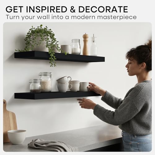 Black Floating Shelves 36 inches Long, High End Solid Real Wood 36 inch Floating Shelf for Wall Mounted, Black Wooden 36in Floating Shelves, Heavy Duty Bracket, 36 X 6.5 X 1.75 in, Set of 2 - color: Modern Black - Rich Neutral Satin, size: 36 inch