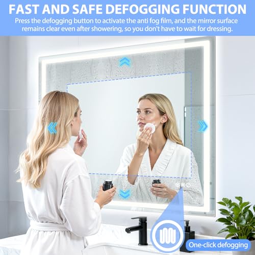 40" x 32" LED Bathroom Mirror with Anti-Fog & Touch Switch - Wall-Mounted Makeup Vanity Mirror, No Drilling Required, Smart Display (Square) - size: 39.4"L x 31.5"W
