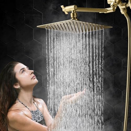 G-Promise All Metal 8-Inch Dual Square Shower Head Combo, Rain Shower Head, Handheld Shower Wand with 71-Inch Extra Long Hose, 3-Way Diverter, Adjustable Extension Arm, Brushed Gold | Built to Last, Easy Install, Adjustable Height & Angle for All Heights,