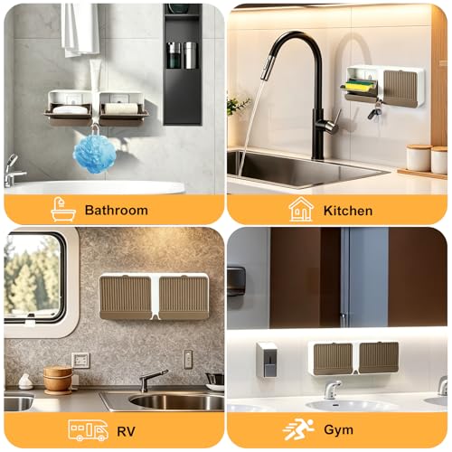 Strong Adhesive Hook Wall-Mounted Soap Dish Holder, 2-Layer Draining Tray with Removable Container, Keeps Soap Dry for Bathroom, Shower, Sink, Kitchen- Space Saver (1-Pack Khaki-Dual Compartment) - color: 1-pk Khaki-dual Compartment