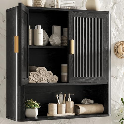 Bathroom Wall Cabinet, Wall-Mounted Medicine Cabinet with Adjustable Wood Shelf & Doors, Floating Bathroom Cabinet Over Toilet for Laundry Room & Kitchen & Living Room (Black) - color: Black