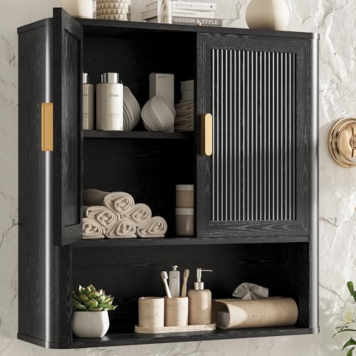 Bathroom Wall Cabinet, Wall-Mounted Medicine Cabinet with Adjustable Wood Shelf & Doors, Floating Bathroom Cabinet Over Toilet for Laundry Room & Kitchen & Living Room (Black) - color: Black