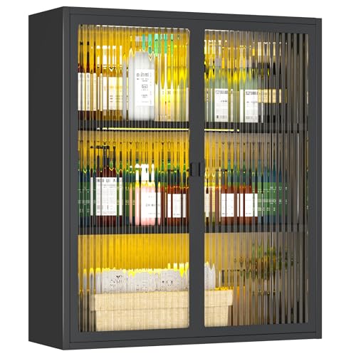 Medicine Cabinet with Fluted Glass Doors, Over Toilet Storage Cabinet with Sensor Light, Bathroom Wall Mounted Metal Organizer for Bathroom and Kitchen (Black) - color: Black, size: Full glass wall cabinet