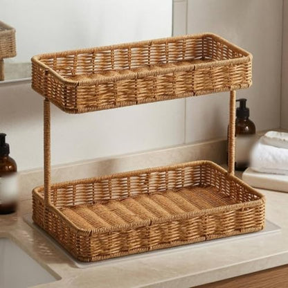 Two Tier Storage Rack Woven Rattan Storage Rack Thickened Edges Countertop Organizer for Vanity Table, Small, Widened Lower Layer - size: Small, Widened Lower Layer