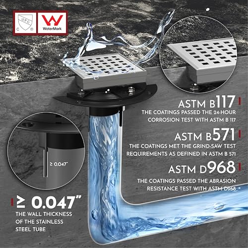 4 Inch Square Shower Drain Brushed Floor Drain with Flange Square Holes Pattern Cover Grate Removable SUS304 Stainless Steel Watermark&CUPC Certified Brushed - color: Brushed, size: 4 Inch