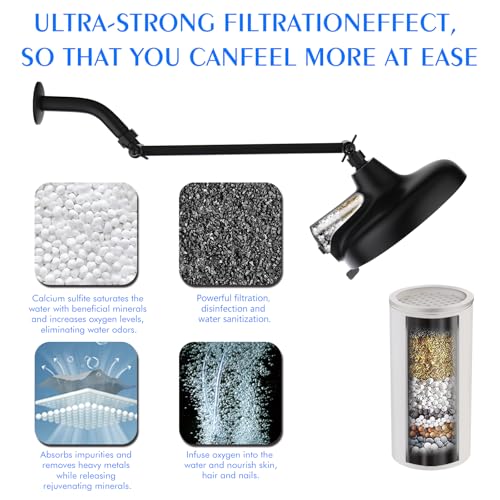 Rain Shower Head with Extension Arm, 8 Inch High Pressure Rainfall Showerhead with 3 Spray Modes, Extended Shower Head with Filters for Hard Water, Height and Angle Adjustable (Black)