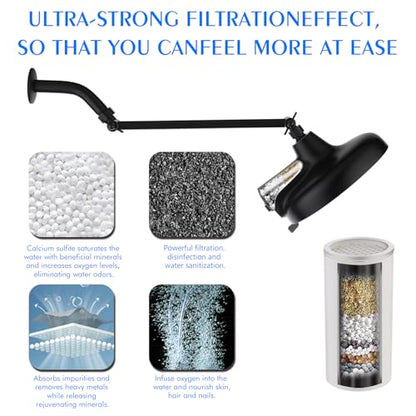 Rain Shower Head with Extension Arm, 8 Inch High Pressure Rainfall Showerhead with 3 Spray Modes, Extended Shower Head with Filters for Hard Water, Height and Angle Adjustable (Black)