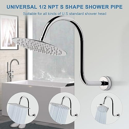 S Shaped Shower Arm, High Rise Shower Head Extension Pipe Standard 1/2" Connection with Flange, Awesome Shower Experience-Stainless Steel Bathroom Accessory(13 Inch 2-S Shape, Chrome Finish) - color: Chrome Finish, style: 13" 2 Shape