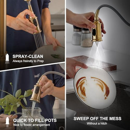 Lava Odoro Bronze Gold Kitchen Faucet with Pull Down Sprayer, Brushed Brass Kitchen Sink Faucet, Single Hole Kitchen Faucet with 3-Function Sprayer, Deck Plate Included, Spot-Free, 1.8 GPM, KF421-BB - color: Brushed Bronze, style: Standard