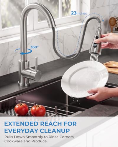 VFAUOSIT Kitchen Faucet with Pull Down Sprayer, Lead-Free Brushed Nickel | NSF 61/372 and cUPC Certified, 3 Spray Modes, 20-Inch Retractable Hose, Cold-Start Safety, 10-Minute Tool-Free Install - color: Brushed Nickel