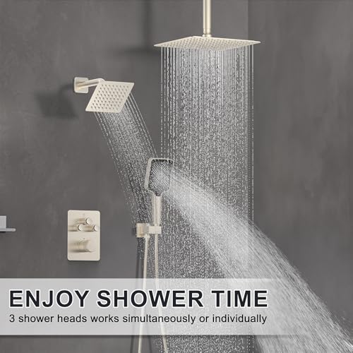 Iriber Thermostatic Shower System with Adjustable Water Flow Push Button Diverter, Square Dual Shower Heads Faucet Set with Handheld Spray, Brushed Nickel Shower Mixer Valve Trim Kit (Valve Included) - color: Brushed Nickel 05