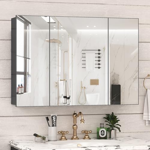 40 x 28 Farmhouse Medicine Cabinet, Tempered Frameless Bathroom Mirror with Storage, Black Recessed or Surface Mount Aluminum Medicine Cabinet for Bathroom Modern-Large - color: Black, size: 40 x 28 IN
