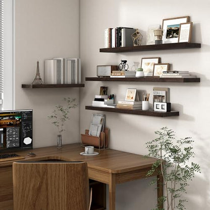 Floating Shelves for Wall, 56in Reclaimed Elm Wood Shelves, Walnut | 8" Deep Wall Shelf, Invisible Bracket, Large Long Wall Mounted Shelves, Living Room, Bedroom, Kitchen, Bathroom - color: Walnut Flat Edge, size: 55 inches - 1P