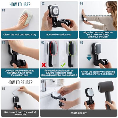 TAILI Shower Head Holder Suction,Adjustable Height & Angle,Universal,Black | bathroom handheld shower wand bracket,no-drill removable waterproof,round,plastic,wall mounted,kids,pets,4.5" - color: Black, size: Square