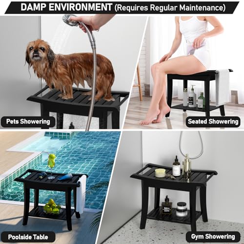 Bamboo Shower Stool Bench Waterproof with Storage Shelf for Shaving Legs or Spa Bath Seat in Bathroom & Inside Shower for Adults Seniors Elderly (24 x 13.4 x 18.5 inches+Black) - size: 24 x 13.4 x 18.5 inches+Black
