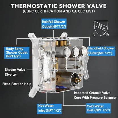Thermostatic Shower System with Body Jets, STARBATH 12" Rain Showerhead with 2 Modes Handheld Spray, Can Use All at Once, Thermostatic Shower Jets System in Wall Shower Faucet Sets, Brushed Nickel - color: Brushed Nickel, size: 12"-05